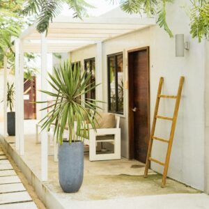 Elegant terrace with modern decor featuring potted plants and a leaning wooden ladder.